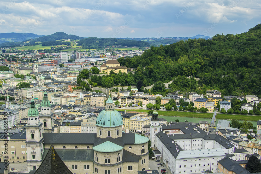 background view of the center of Salzburg and the river Salzach from Hohensalzburg Fortress