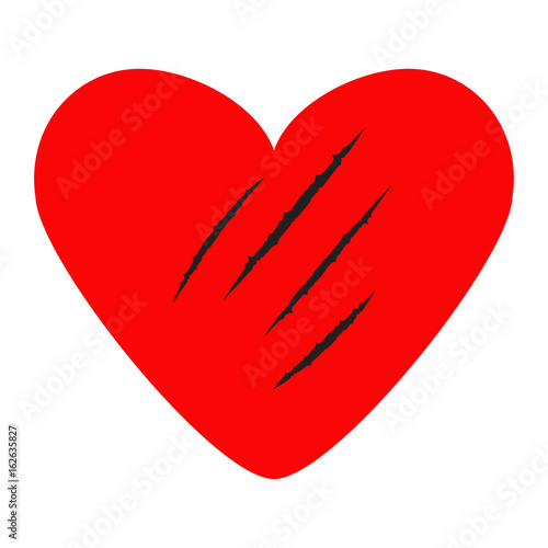 Red heart. Black bloody claws animal scratch scrape track. Cat tiger scratches paw shape. Four nails trace. Funny design element. Flat design. Isolated. White background.