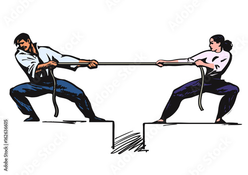 Tug of war. Man and woman are pulling rope.