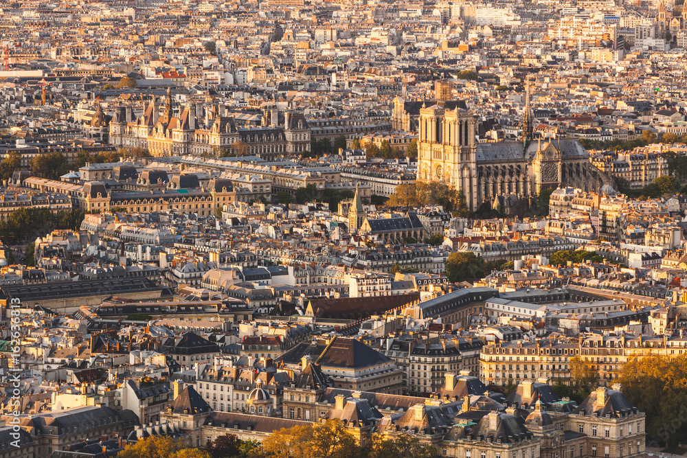 Paris, Notre Dame cathedral aerial view at sunset