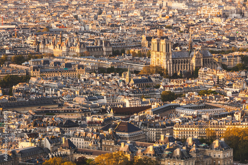 Paris, Notre Dame cathedral aerial view at sunset