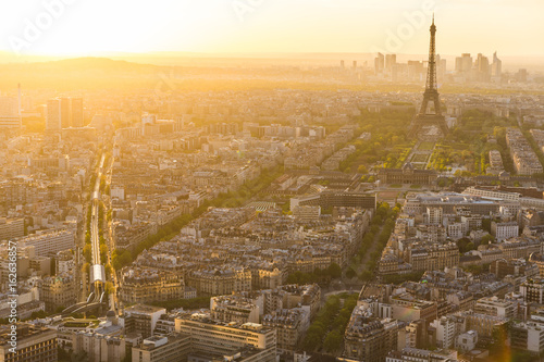 Paris and Eiffel tower aerial view at sunset