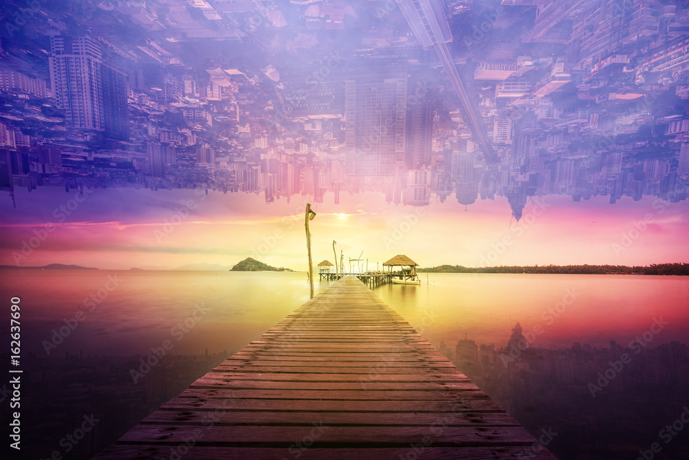 abstract surreal landscape and cityscape sunset - obrazy, fototapety, plakaty 