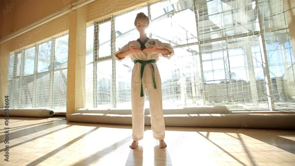 Karate kick girl in kimono practice technical shots Karate kick girl in kimono practice technical shots