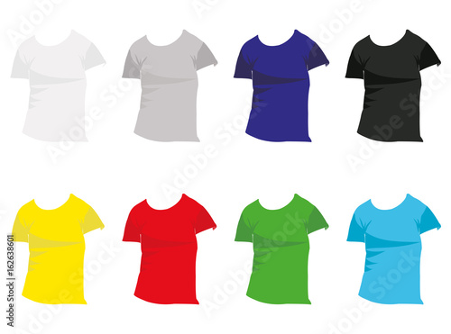 Set of colored t-shirts templates. For promotional and advertising clothes. Raster illustration
