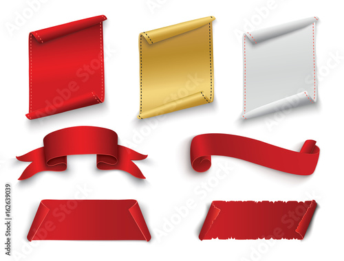 Set of red curved paper blank banners isolated on transparent background. Vector illustration.