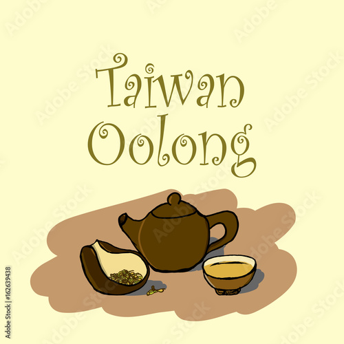 Taiwan Oolong - a vector illustration in the hand-drawn style. A simple picture showing a clay teapot, a cup with a brewed drink and a bowl with a dry tea leaves.