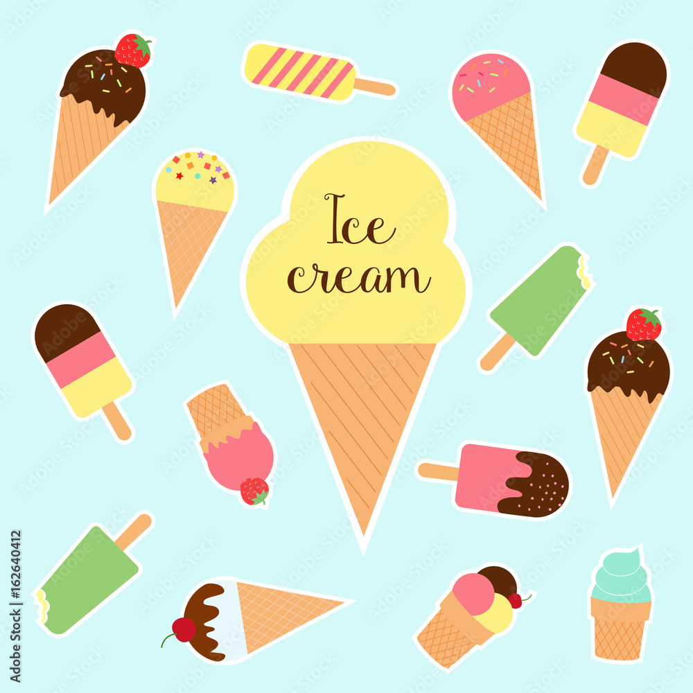 Flat ice cream cone illustration. Ice cream vector and blue background. Flat ice cream cone illustration. Ice cream vector and blue background.
