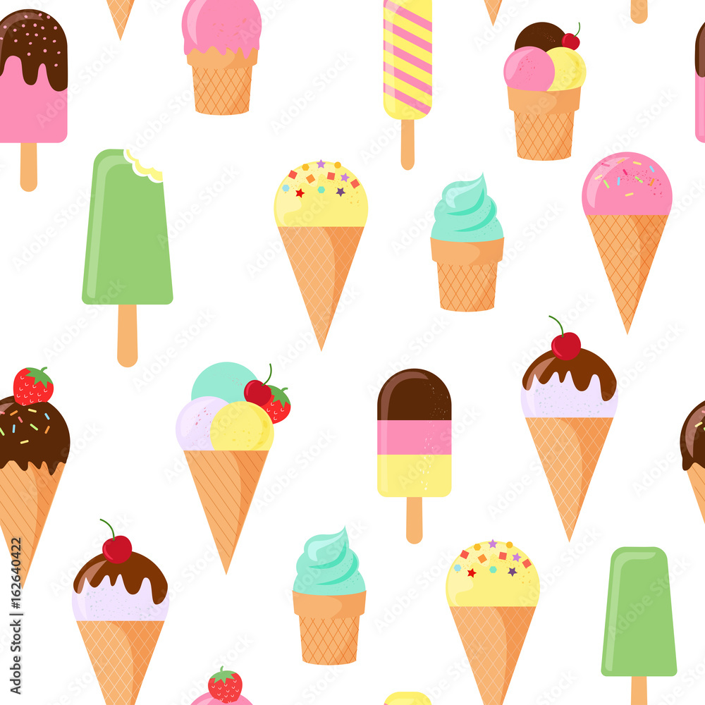Ice cream cone seamless pattern and white background.