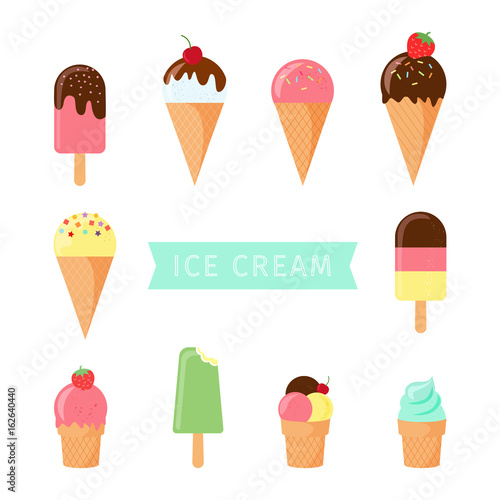 Set of ice cream cones, isolated and white background