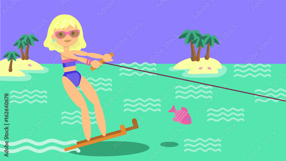 Young woman in swimsuit and sunglasses on water ski. Flat style. Layered illustration. Can be used for motion design or another design project.