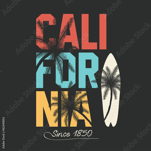 California, surfing typography. T-shirt graphics with tropic palms