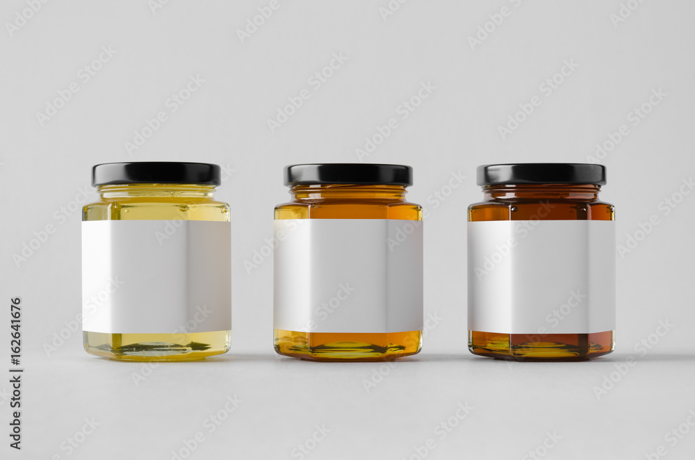 Honey Jar Mock-Up - Three Jars. Blank Label Honey Jar Mock-Up - Three Jars. Blank Label