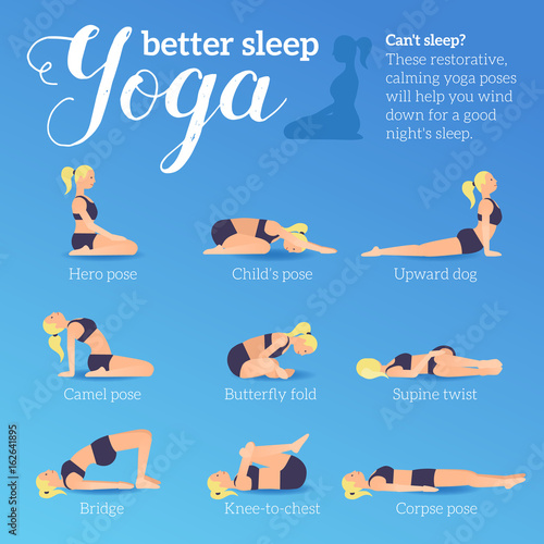 Yoga poses for better sleep. Vector illustrations with woman in sport bra  and shorts doing asanas from insomnia and relaxing. Healthy poster in flat  vector design. On blue background. Stock Vector