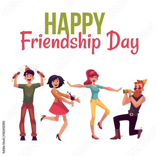 Happy friendship day greeting card design with friends having fun at a party, cartoon vector illustration isolated on white background. Boys and girls dancing, popping party poppers, blowing horns