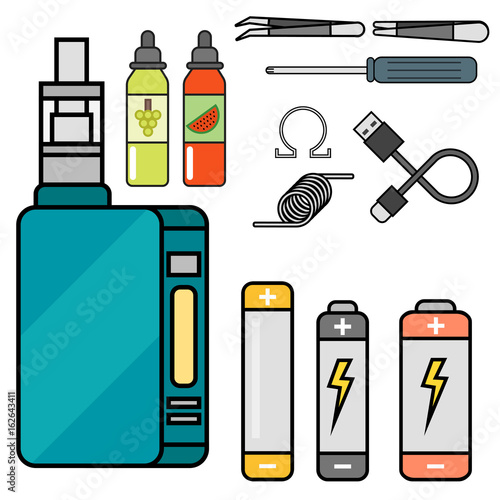 Vape device vector set cigarette vaporizer vapor juice bottle flavor illustration battery coil.