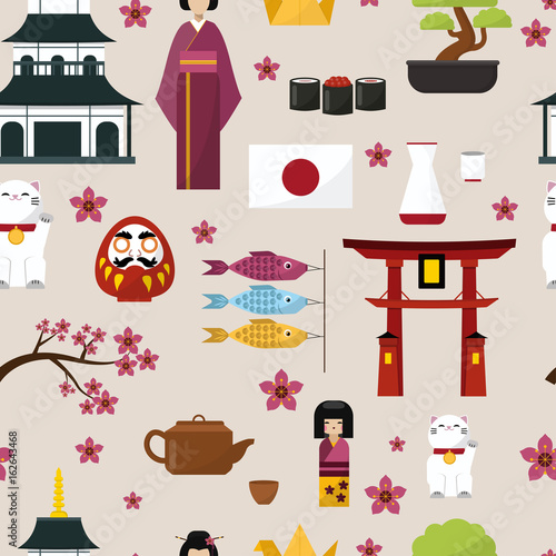Japan famouse culture architecture buildings and japanese traditional food vector icons of travel vacation to country pattern seamless background