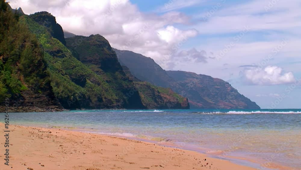 Ke'e Beach, Na Pali Coast, Kauai, steady shot with natural stereo sounds View of beautiful Kee Beach, ideal for swimming and snorkeling as its protected by a reef on Kauai.