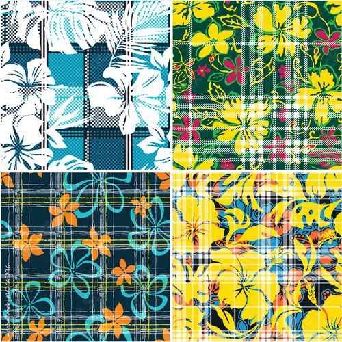 Scottish tartan with hibiscus vector seamless pattern collection