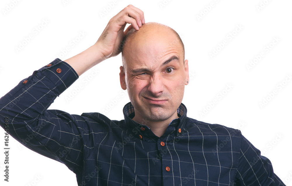 Confused bald guy scratch his head - obrazy, fototapety, plakaty 
