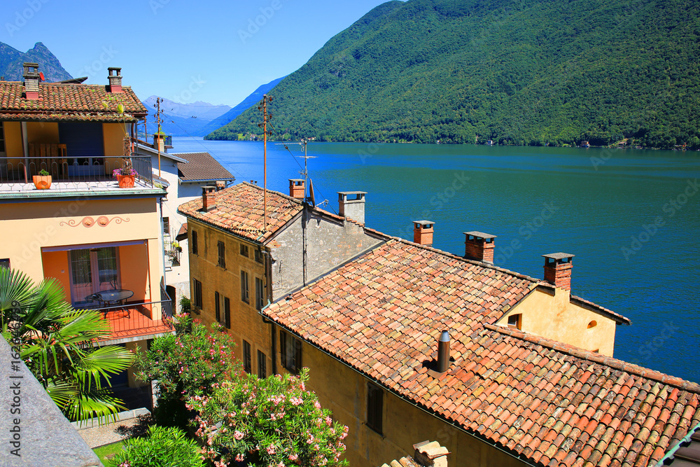 Scenic village on the shore of the Lake of Lugano in Italy