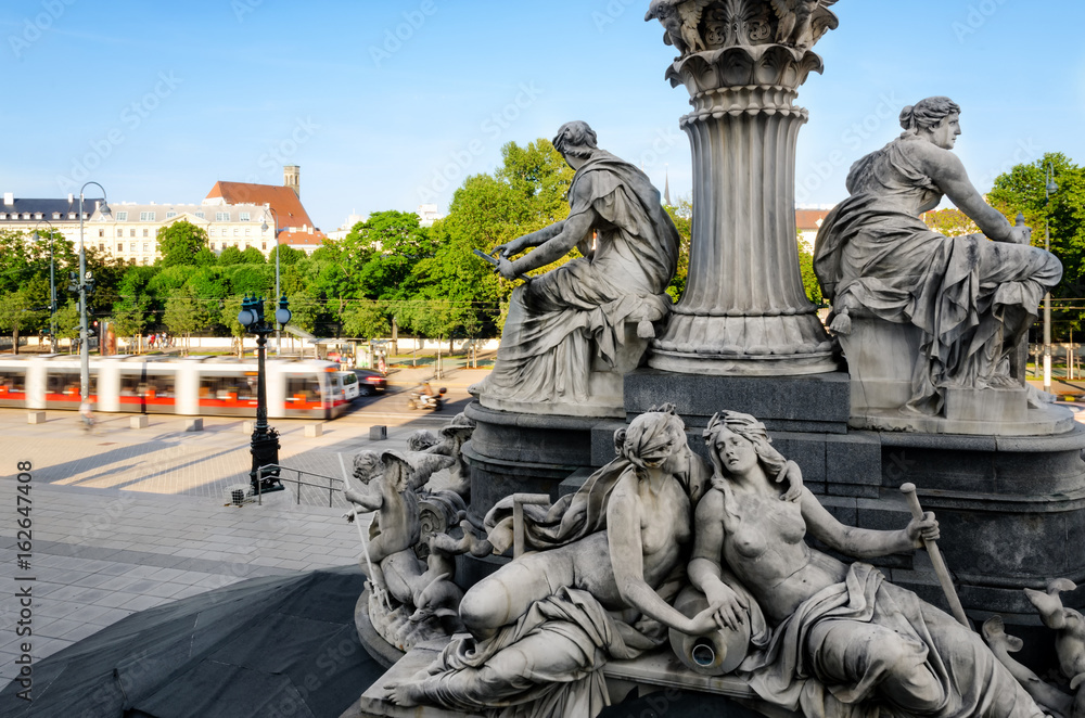 Vienna seen from the Austrian Parliament Building, with a detail of the parliament monumental fountain
