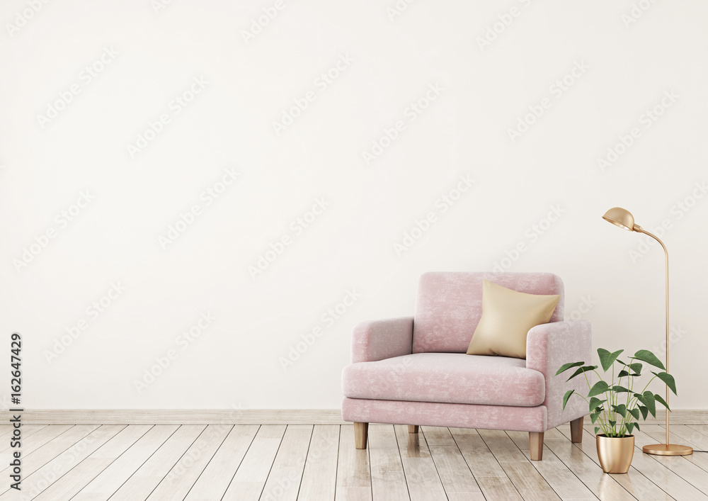 Interior poster mock up with pink velvet armchair, pillow and plants on light beige wall background with free space on left. 3d rendering. Interior poster mock up with pink velvet armchair, pillow and plants on light beige wall background with free space on left. 3d rendering.