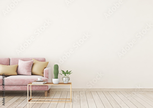 Livingroom interior wall mock up with pink velvet sofa and pillows on light beige wall background with free space on right. 3d rendering.
