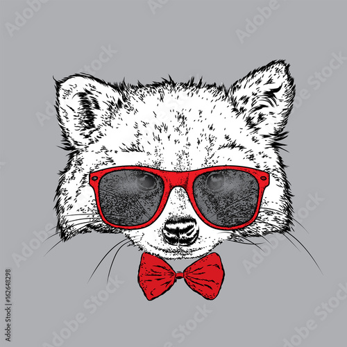 A cute raccoon with glasses and a tie. Vector illustration for a postcard or a poster, print for clothes. Wild animal in clothes. © juliagrin