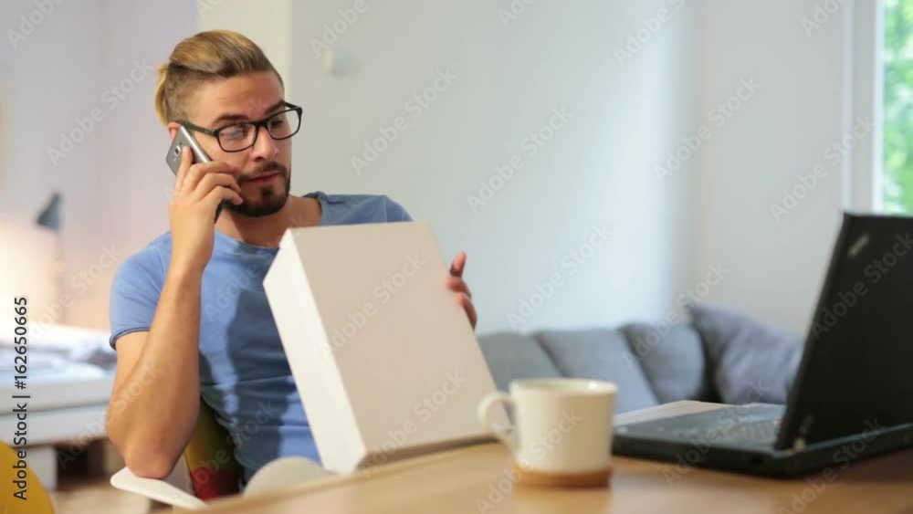 Customers complains. Man complaining, over the phone, on object that he bought. Customers complains. Man complaining, over the phone, on object that he bought.