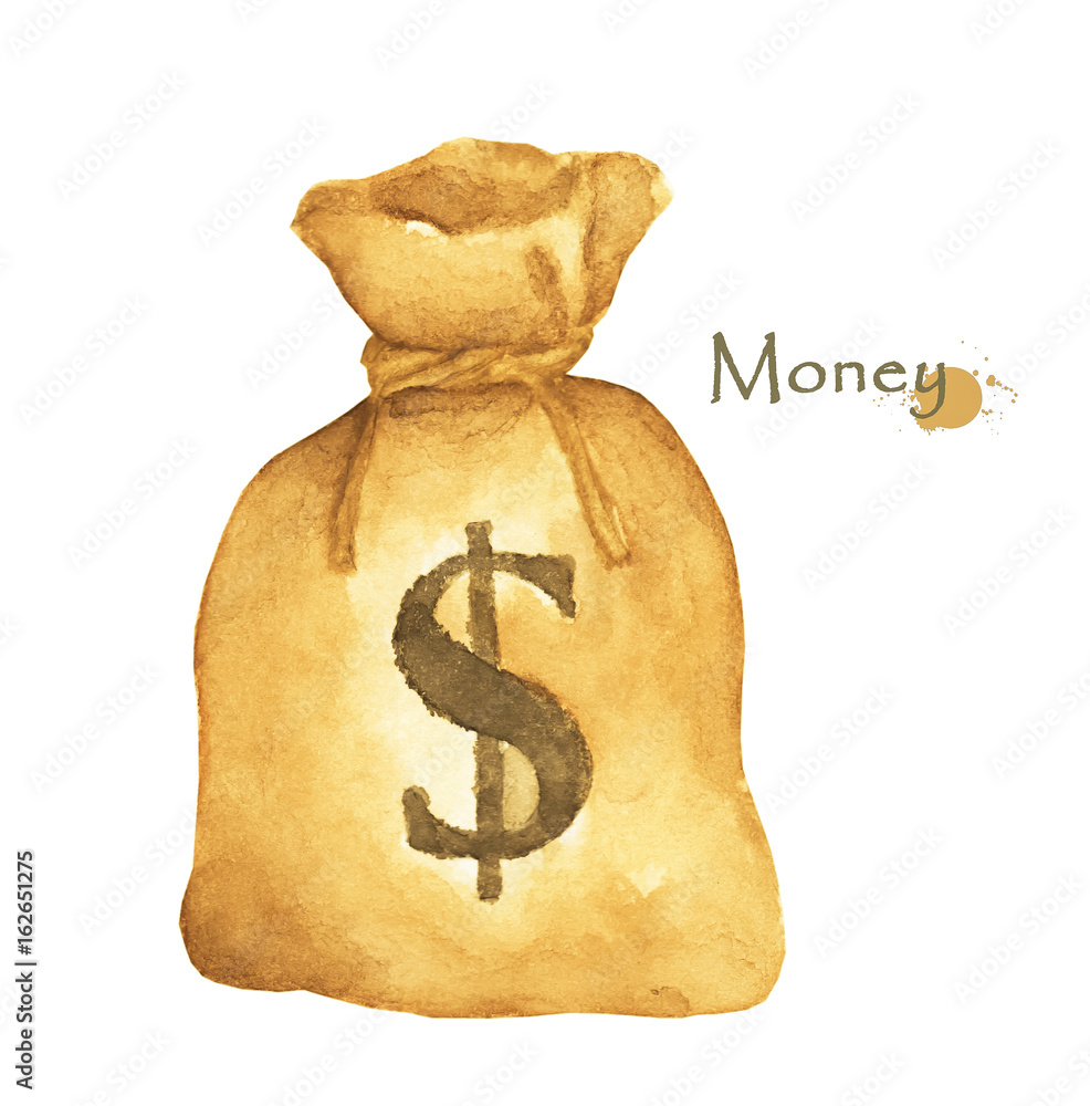 Watercolor painting of Money bag, moneybag flat simple cartoon illustration  with brown drawstring and dollar sign isolated on white background Stock  Photo | Adobe Stock