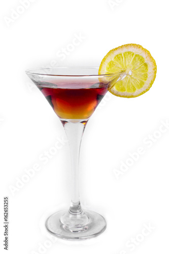 Red and Yellow Cocktail with a slice of Lemon