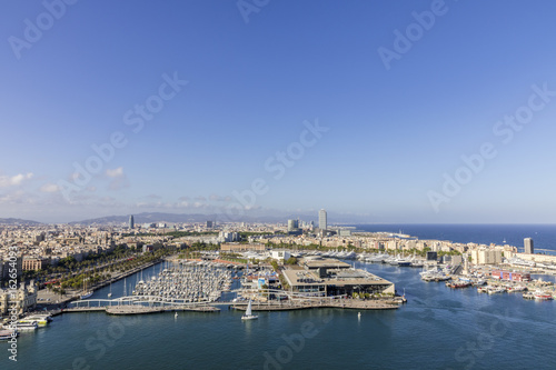 View from cable car from above on Barcelona skyline sea marine ships yachts buildings