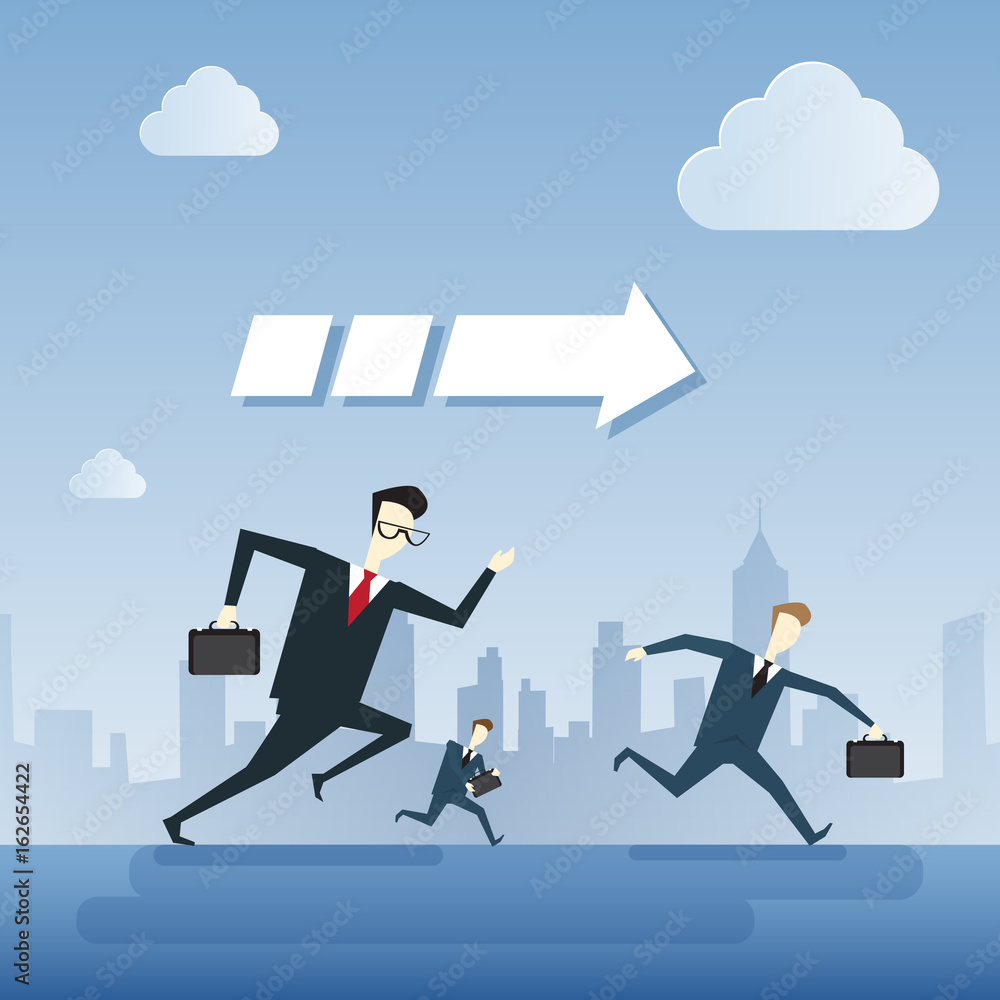 Business People Group Run Team Leader Under Arrow Competition Concept Flat Vector Illustration Business People Group Run Team Leader Under Arrow Competition Concept Flat Vector Illustration