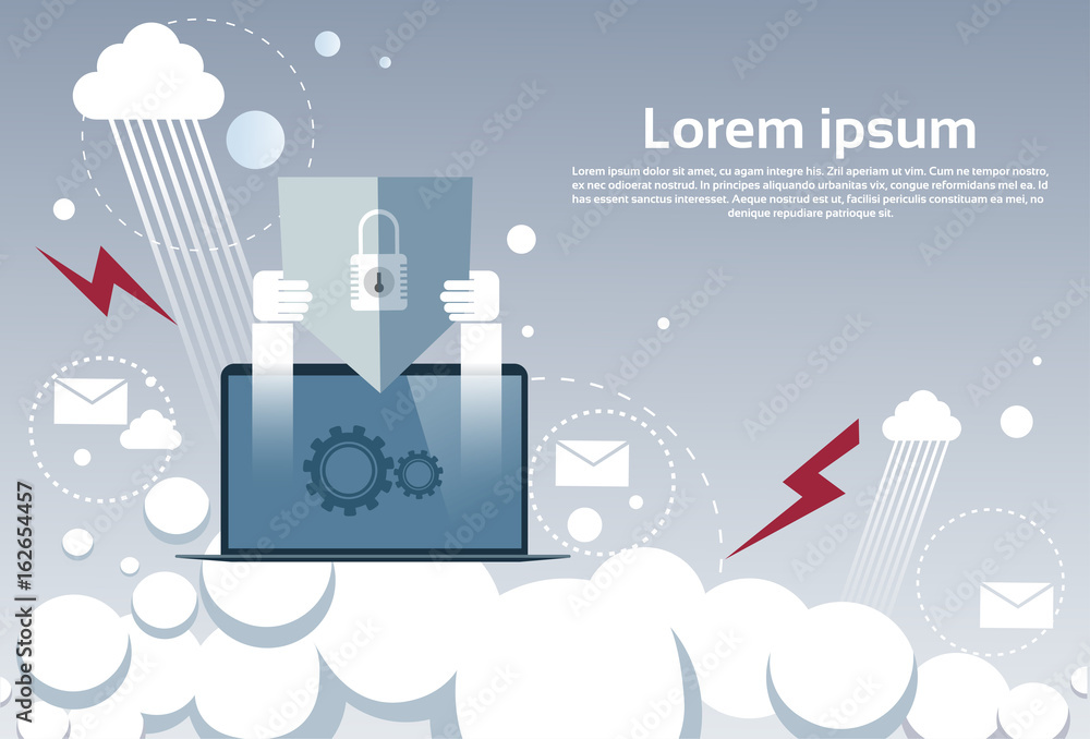 Naklejka premium Laptop Computer Device Data Protection Cloud Storage Security Flat Vector Illustration