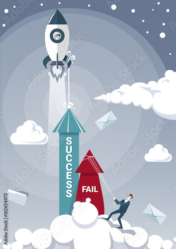 Business Man Hold Fail With Rope While Sucess Arrow Growing Up With Space Ship Rocket Flying Successful Startup Concept Flat Vector Illustration