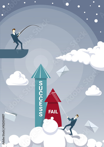 Business Men Team Hold Fail With Rope While Sucess Arrow Growing Up Flat Vector Illustration