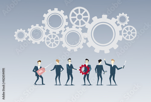 Business People Group Under Cog Wheel Work Together Brainstorming Process Strategy Concept Flat Vector Illustration