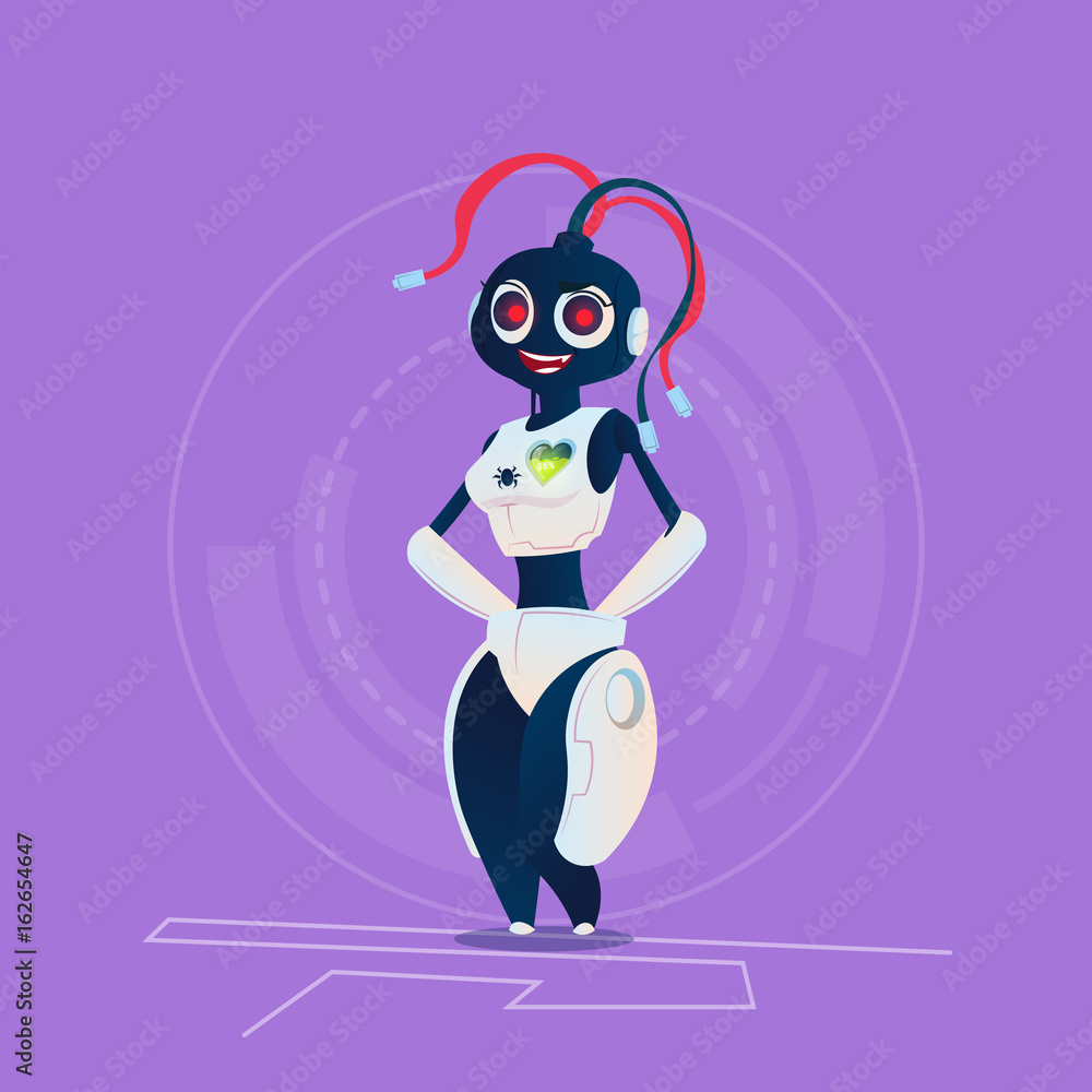 Obraz premium Cute Female Robot Wear Ninja Mask Modern Artificial Intelligence Technology Concept Flat Vector Illustration