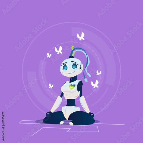 Cute Female Robot Relaxing Meditation Modern Artificial Intelligence Technology Concept Flat Vector Illustration