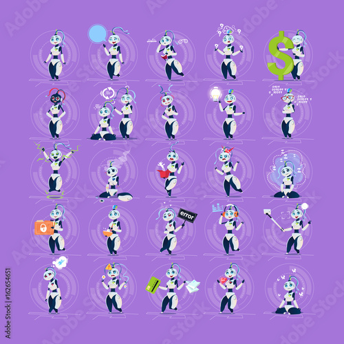 Cute Female Robots Set Modern Artificial Intelligence Technology Different Cyborg Collection Concept Flat Vector Illustration