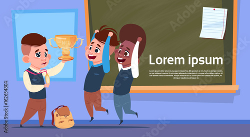 Mix Race Pupils In Class Room Holding Golden Cup, School Boys Over Chalk Board Flat Vector Illustration