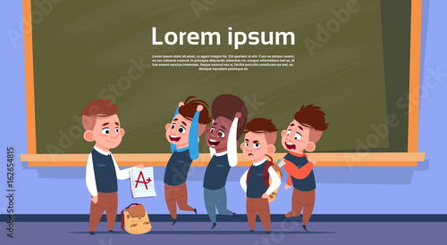 Mix Race Pupils In Class Room After Test Show Mark, School Boys Over Chalk Board Flat Vector Illustration