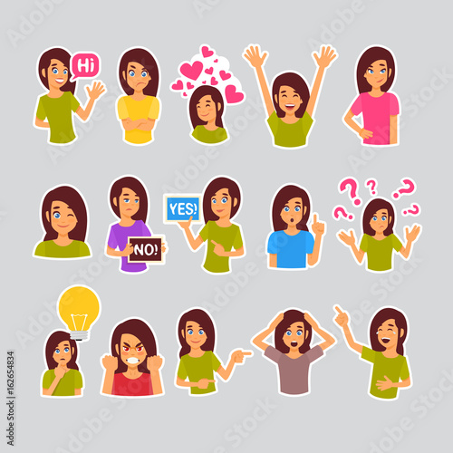Girl Set Of Stickers For Messenger, Label Icon Colorful Logo Collection Different Emotion Vector Illustration