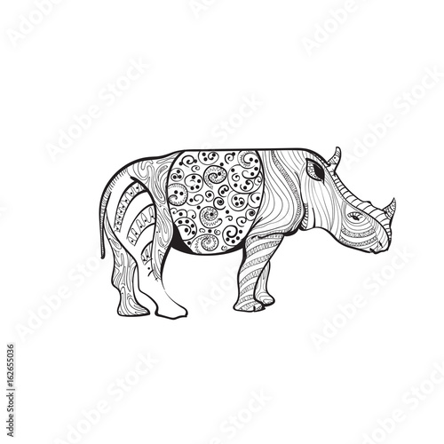 Rhino Drawing Zentangle Animal Full Length On White Background Vector Illustration