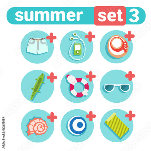 Summer Holiday Icon Set Beach Vacation Concept Travel Stuff Collection Vector Illustration
