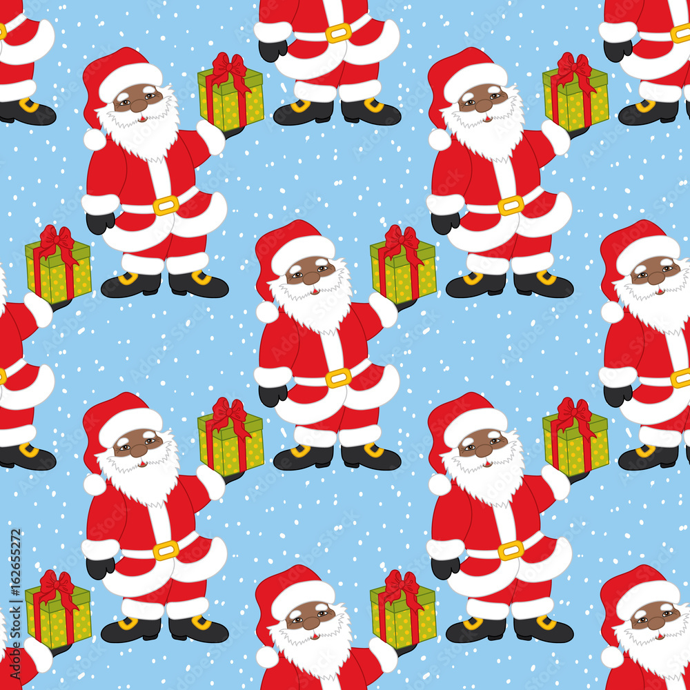 Vector Christmas and New Year Seamless Pattern with African American Santa Claus. Vector African American Santa Claus. 