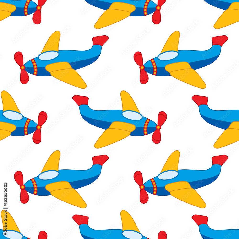 Fototapeta premium Vector Seamless Pattern with Cartoon Plane. Vector Boy's Toy Plane. Plane Seamless Pattern Vector Illustration. 