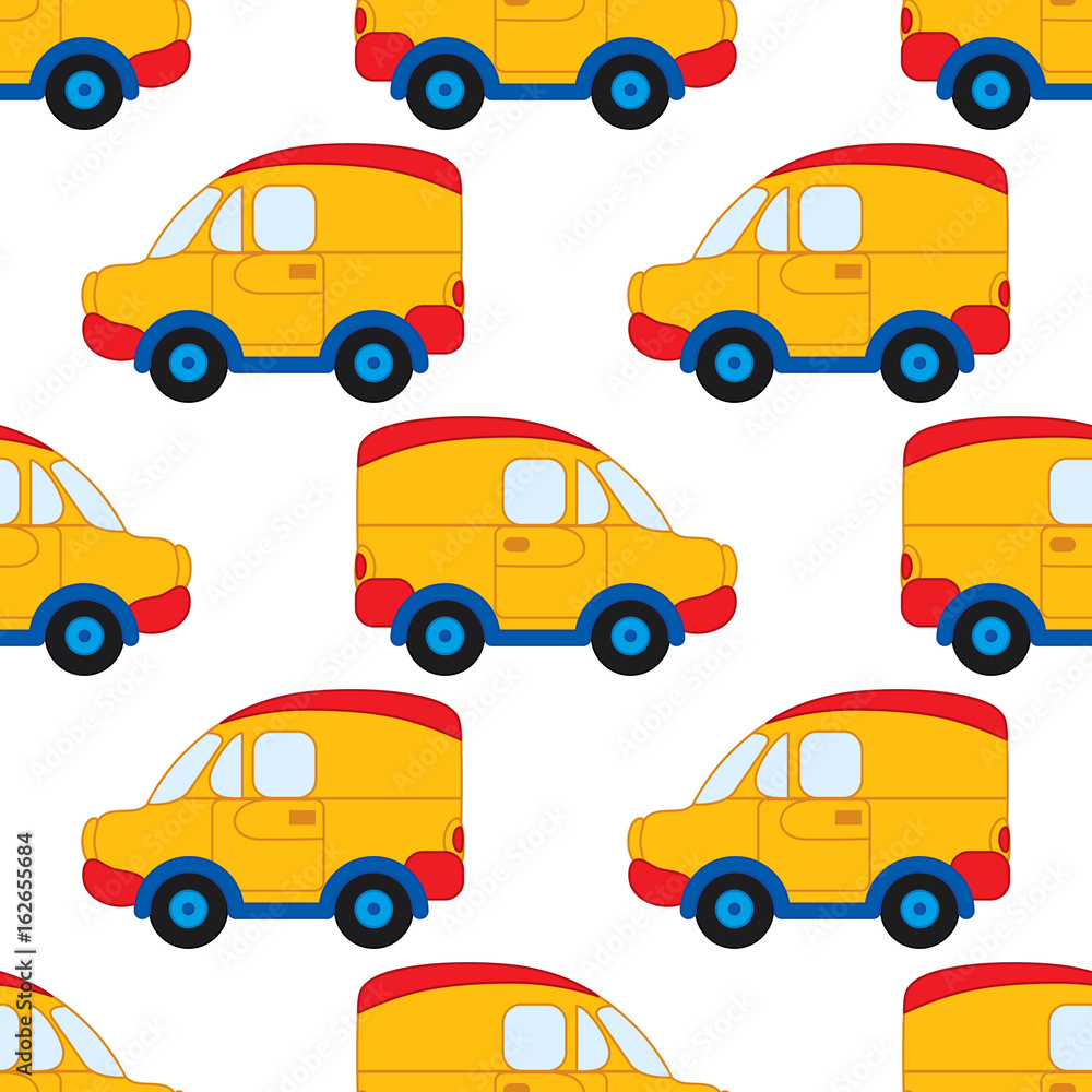 Vector Seamless Pattern with Cartoon Cars. Vector Boy's Toy Car. Car Seamless Pattern Vector Illustration. 