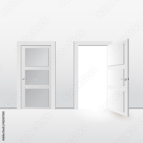 White doors closed and open. Isolated on gray background. Vector illustration in flat style design.